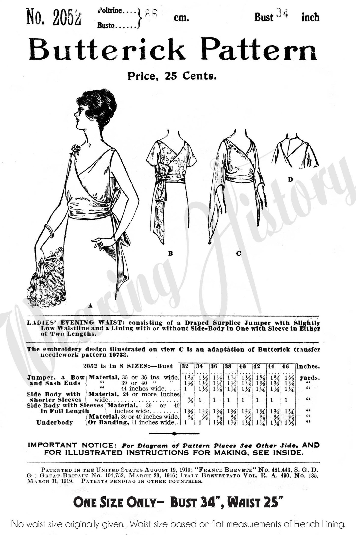 PRINTED PATTERN-  Gloria- Circa 1919 Evening Bodice- Bust 34- 1910s 1920s Wearing History
