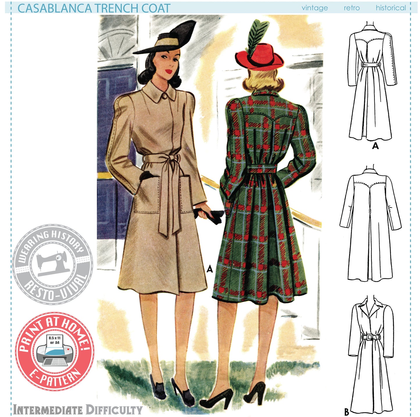 E-Pattern- 1940s "Casablanca" Trench Coat Pattern- Sizes 30-46" Bust