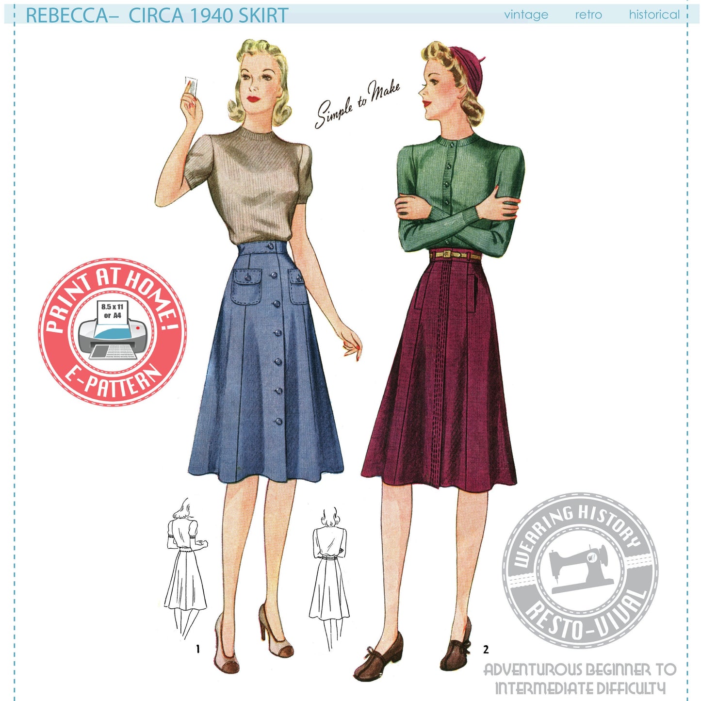 E-Pattern- 1940s "Rebecca" Skirt Pattern- Sizes 26-36" Waist