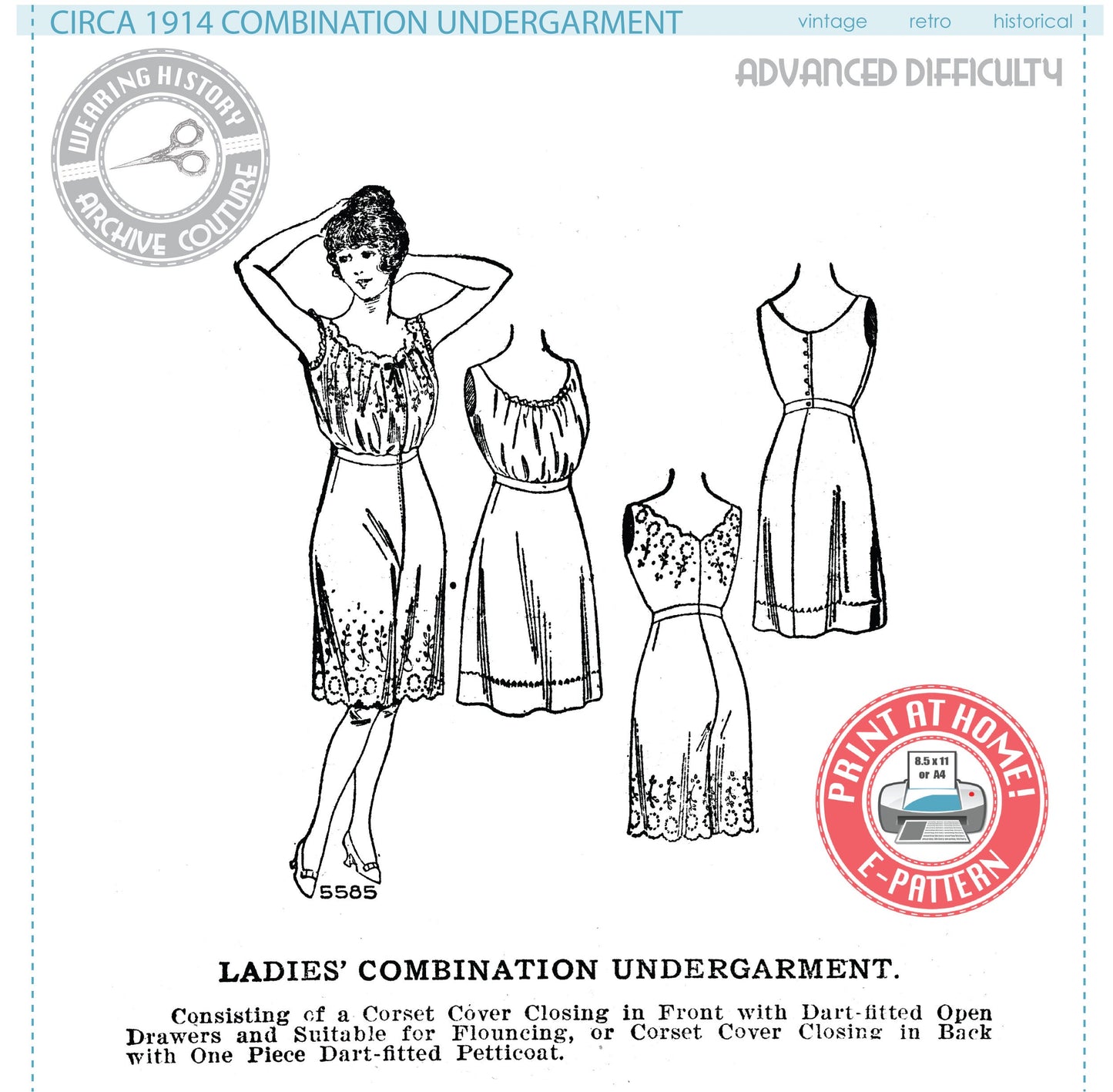 E-Pattern- Circa 1914 Combination Underwear- Bust 32"-48"