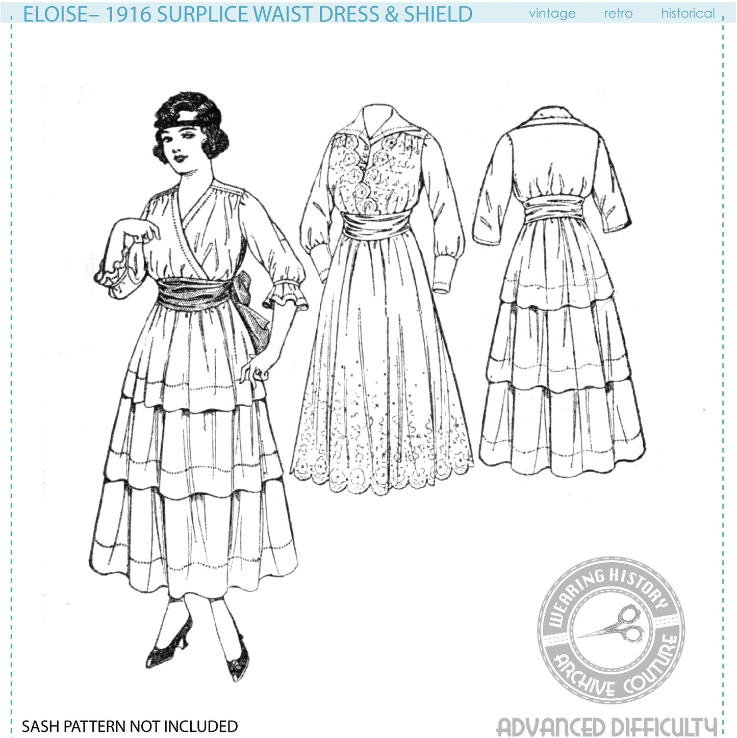 PRINTED PATTERN- Circa 1916- Eloise- Surplice Dress & Shield - 31"-41" Bust