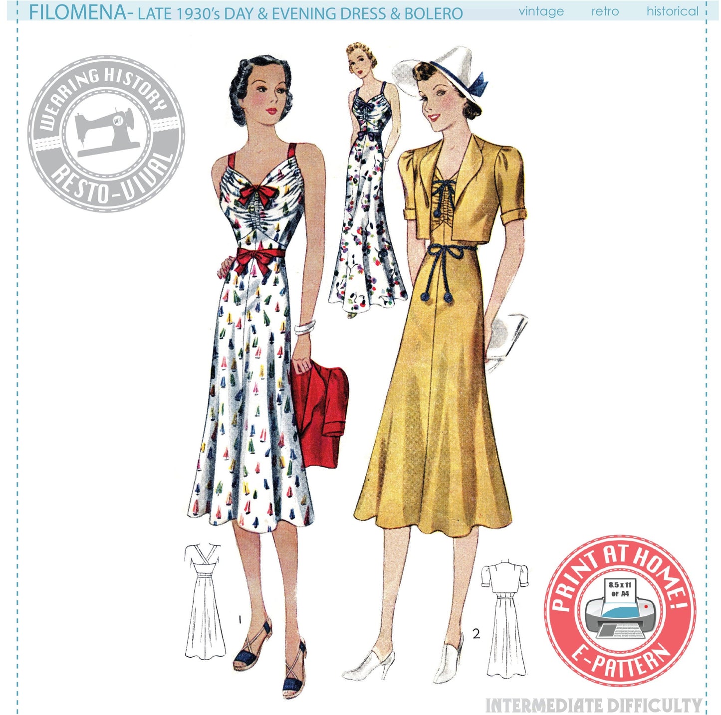 E-PATTERN- Filomena- Circa 1938 Day and Evening Dress and Bolero- 30"-42" Bust