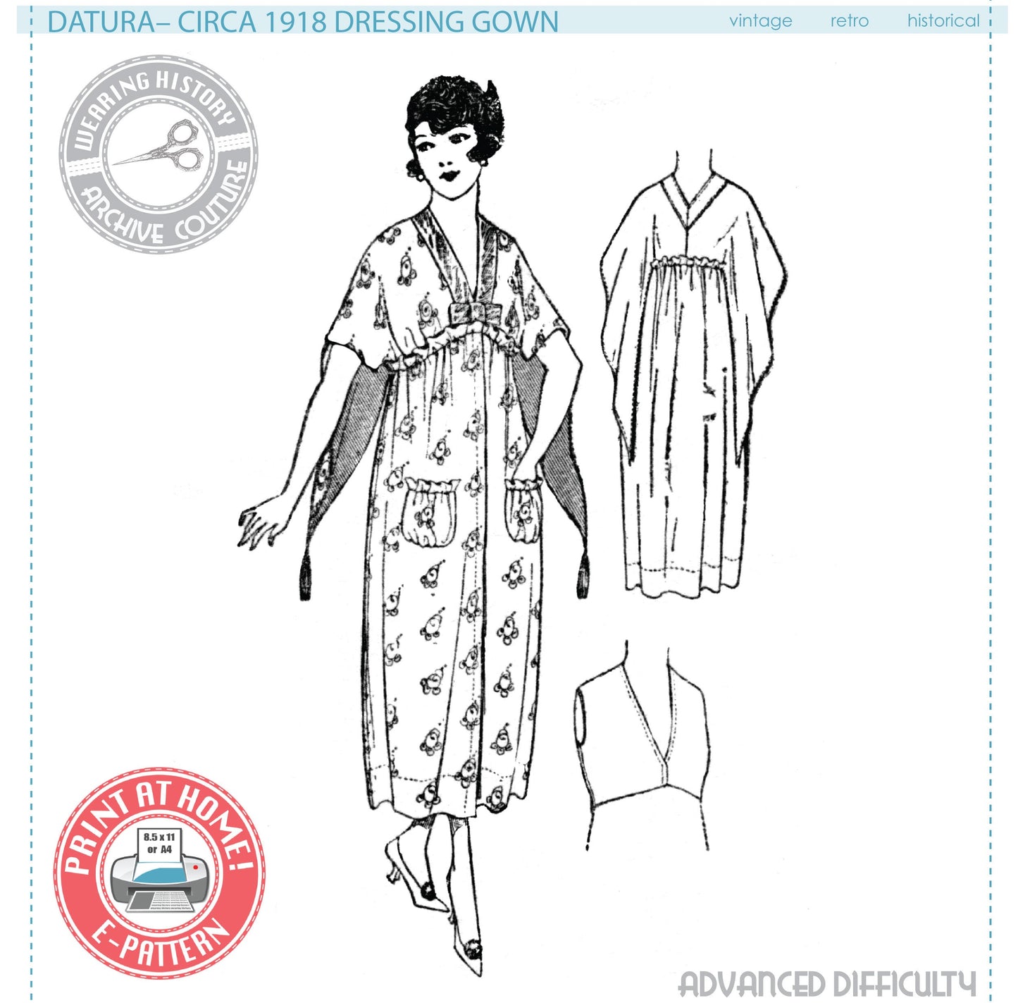 E-PATTERN- Circa 1918 "Datura" Dressing Gown Pattern- Bust 32"-46"