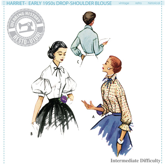 PRINTED PATTERN- 1950s "Harriet" Drop Shoulder Blouse Pattern- Sizes 32-48" Bust Wearing History Shirt Puff Sleeve Collar