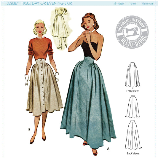 PRINTED PATTERN- 1950s "Leslie" Skirt in Misses or Extended Size- Waist 26"-48"