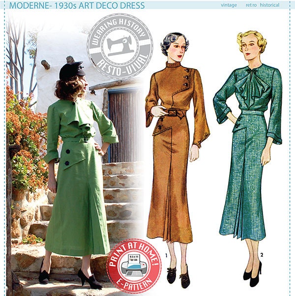 E-Pattern- Moderne- 1930s Art Deco Dress Pattern- Bust 30"-40"