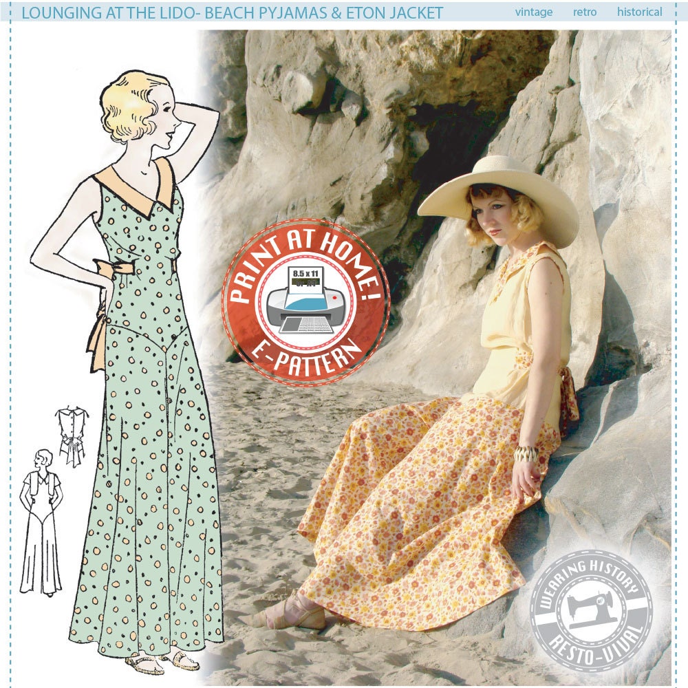 E-Pattern- Lounging at the Lido- 1930s Beach or Lounging Pyjamas and Eton Jacket- 30"-46” Bust