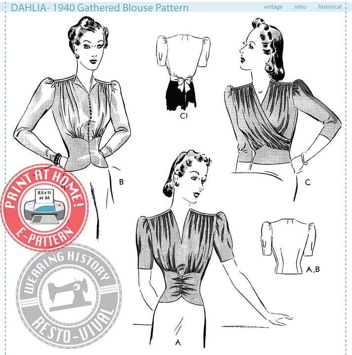 E-Pattern- Dahlia- 1940s Gathered Blouse- 30