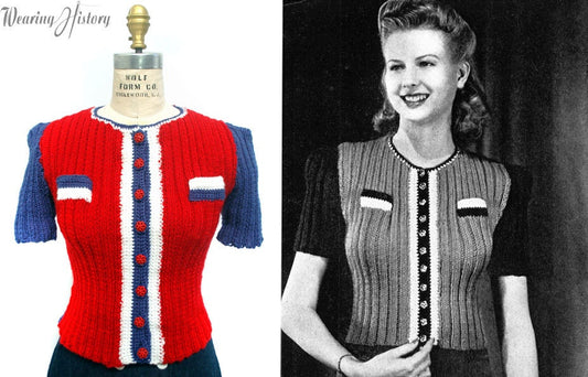 1940s Patriotic Tri-Color Blouse Knitting Pattern- Bust 32"-36"