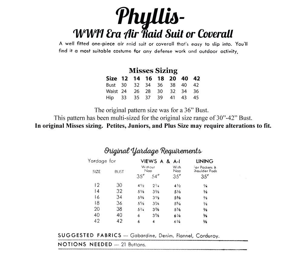 E-PATTERN- Phyllis- 1940s WWII 1940s Air Raid Suit or Coverall- Bust 30"-42"