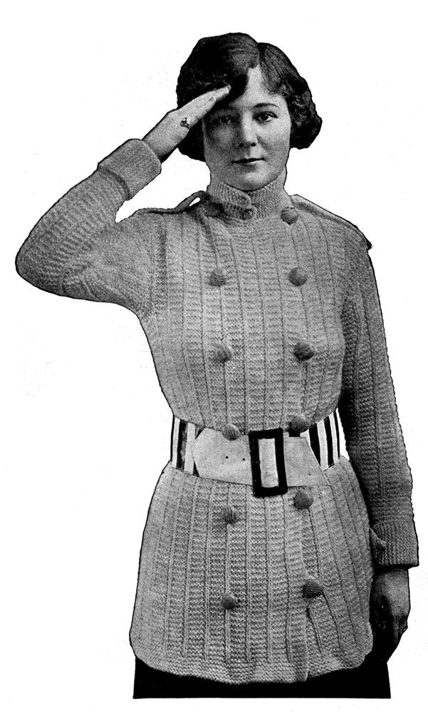 1910s WWI Military Inspired Sweater Coat Knitting Pattern- 34"-36" Bust