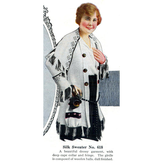 1910s WWI Knit Sweater with Fringe and Crochet Bag Knitting Pattern