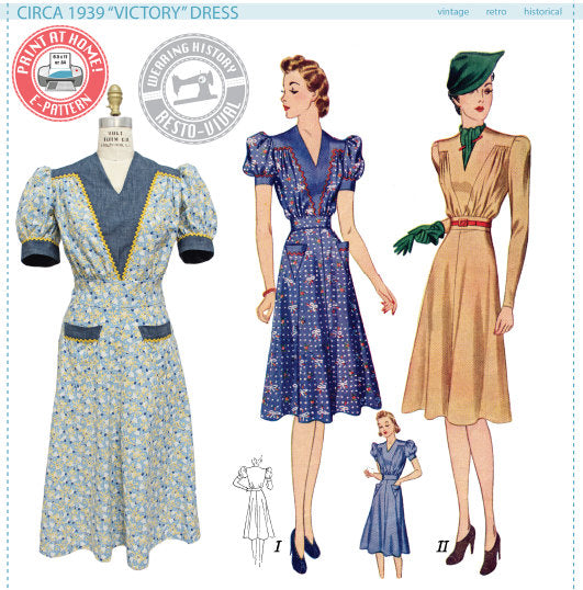 E-Pattern- Circa 1939 Victory Dress Pattern- 1930s 1940s- Bust 30"-46"